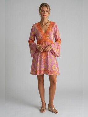 Debbie Katz South Beach Pink Orange Embroidered Boho Floral Dress | Bell Sleeves